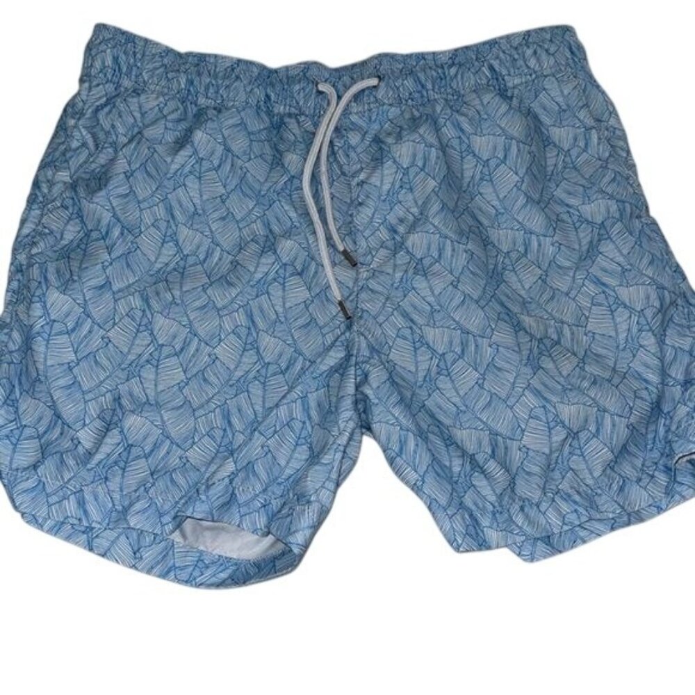 Mens Blue Swim Trunks With Drawstring Waist & Leaf Pattern
